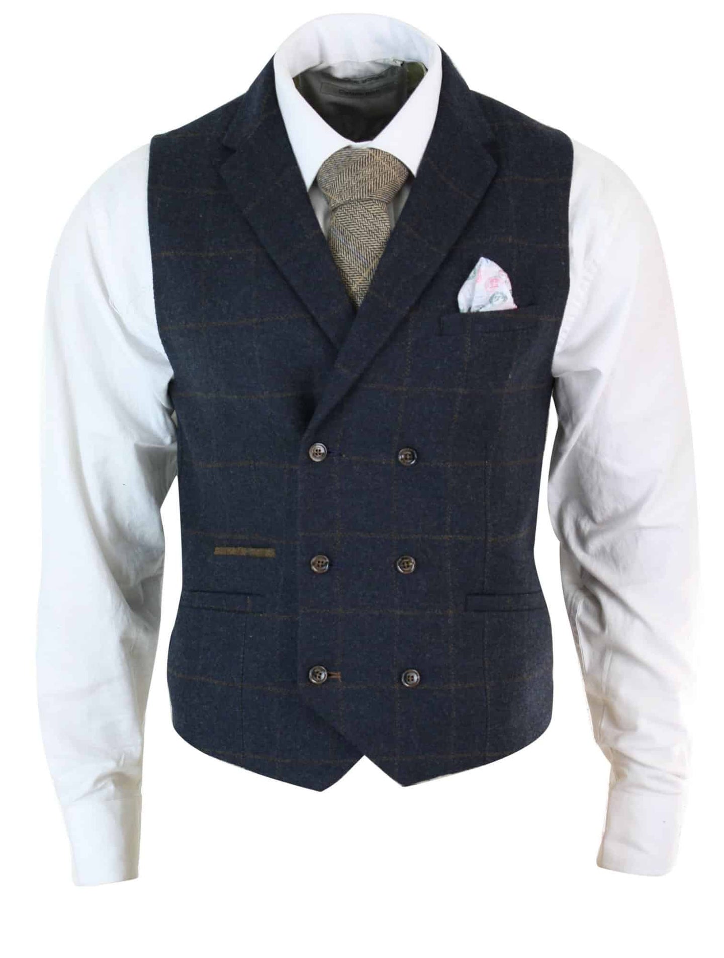 Mens Double Breasted Herringbone Tweed Peaky Blinders Vintage Check Waistcoat Navy Blue