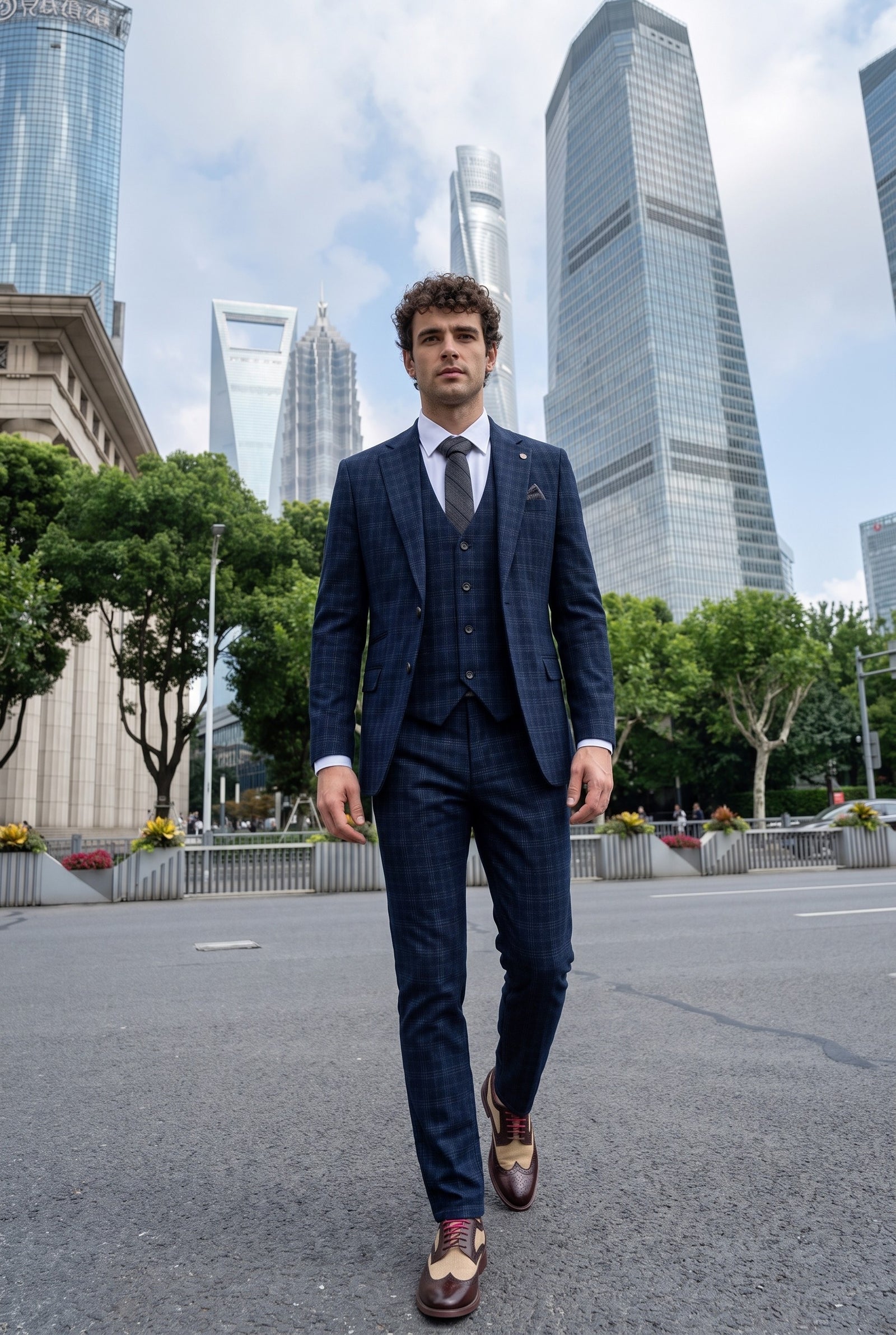 Look #570 styled with Marcos – Marineblauer Herrenanzug mit Karomuster, schmale Passform, 3-teilig