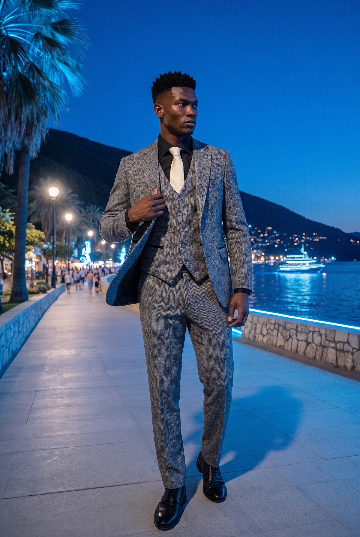 Look #975 styled with IM41 – Grauer 3-teiliger Tweedanzug im Fischgrätmuster für Herren