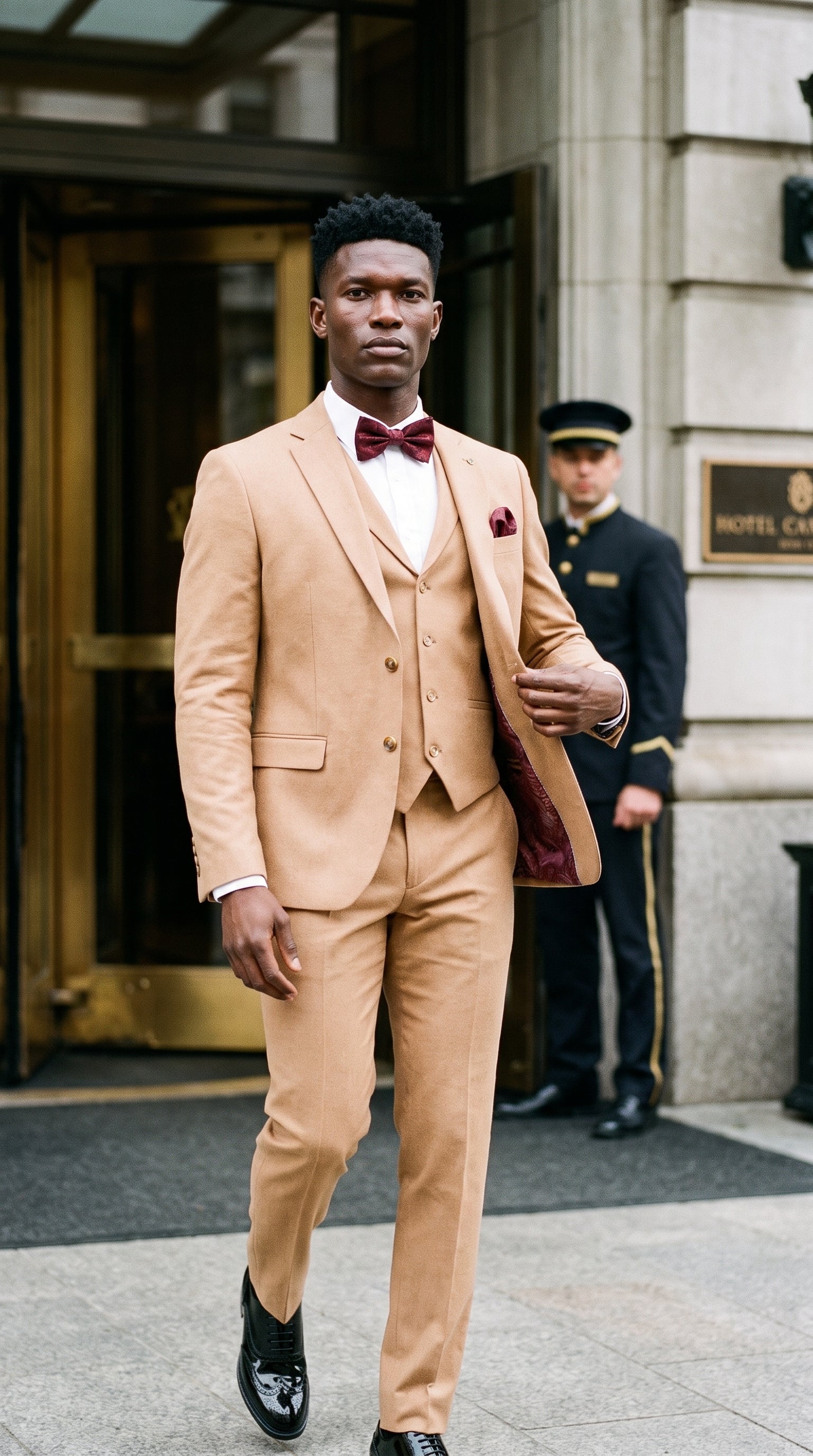 Look #644 styled with TP-23 - 3-teiliger Sommerhochzeitsanzug aus Leinen in Kamelfarbe für Herren