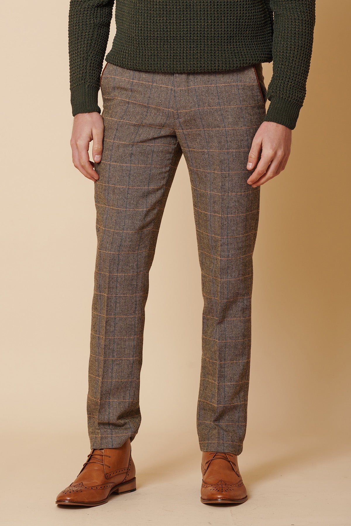 Herrenanzug, 3-teilig, Fischgrätenmuster, Tweed, hellbraun, kariert, maßgeschneiderte Passform, doppelt klassisch