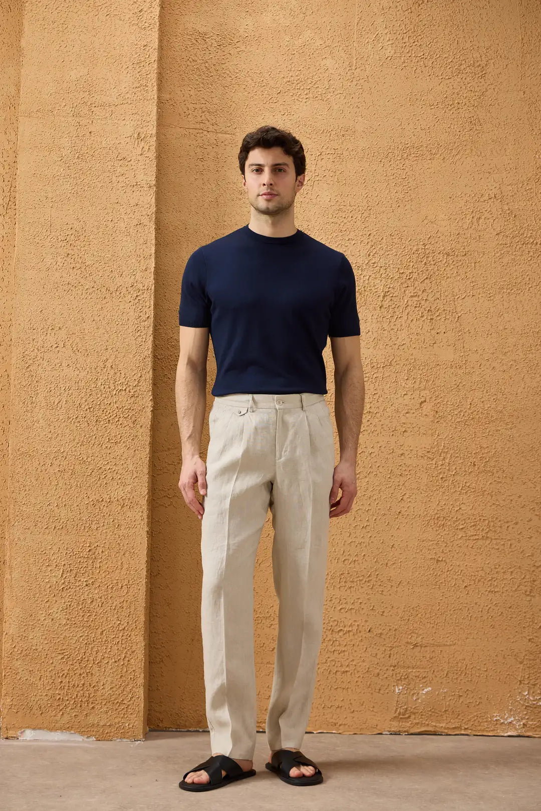 Beige Leinen-Anzug für Herren, elegant-lässig, 2-teilig, mit Reißverschluss vorne, Safari-Stil, Sommer