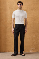 Schwarzer Leinenanzug für Herren, elegant-lässig, zweiteilig, mit Reißverschluss vorne, Safari-Stil, Sommer