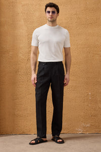 Schwarzer Leinenanzug für Herren, elegant-lässig, zweiteilig, mit Reißverschluss vorne, Safari-Stil, Sommer