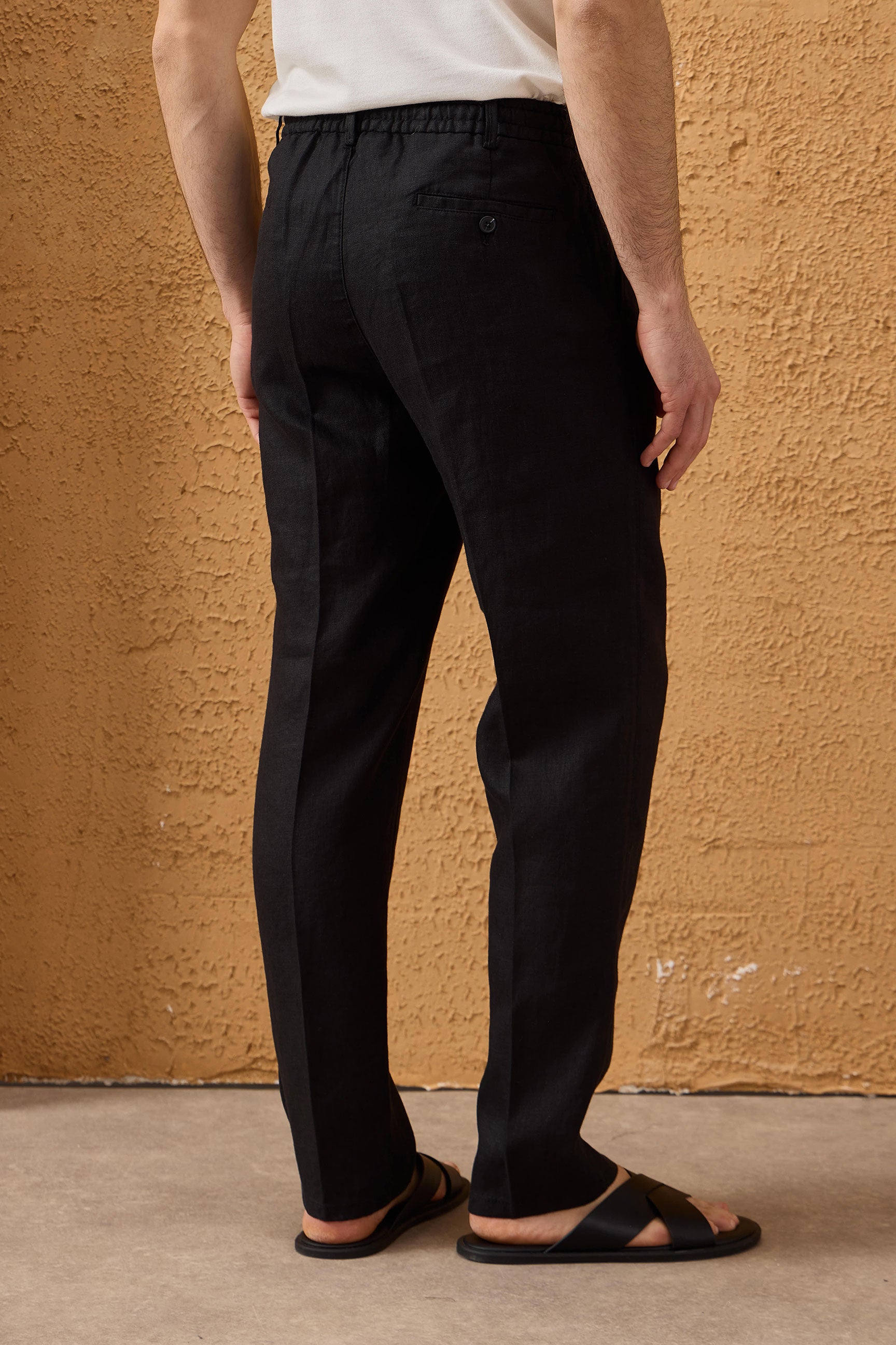 Schwarzer Leinenanzug für Herren, elegant-lässig, zweiteilig, mit Reißverschluss vorne, Safari-Stil, Sommer