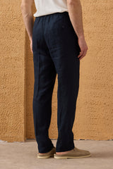 Herren-Leinenanzug in Marineblau, elegant-lässig, 2-teilig, mit Reißverschluss vorne, Safari-Stil, Sommer