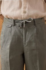 Herren-Leinenanzug in Salbeigrün, elegant-lässig, 2-teilig, mit Reißverschluss vorne, Safari-Stil, Sommer