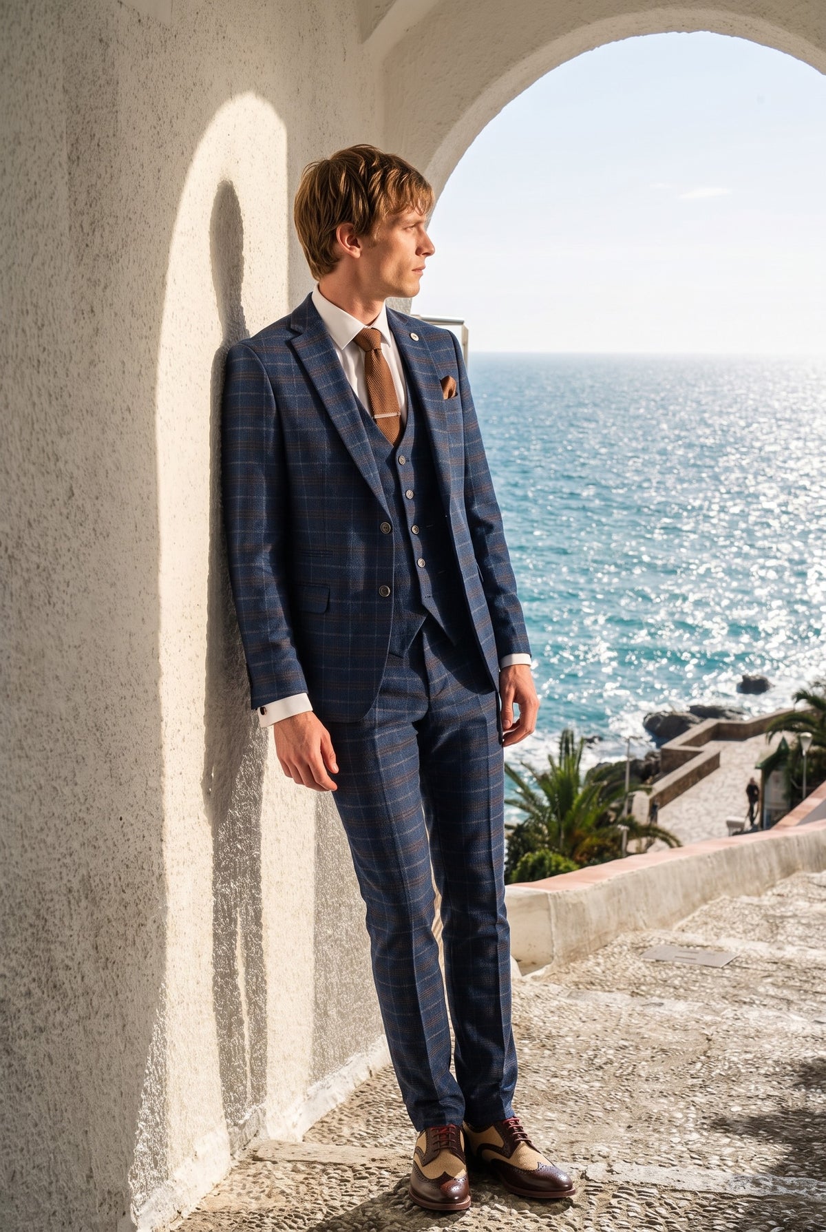Look #936 styled with Marineblau karierter 3-teiliger Herrenanzug - Paul Andrew Kenneth