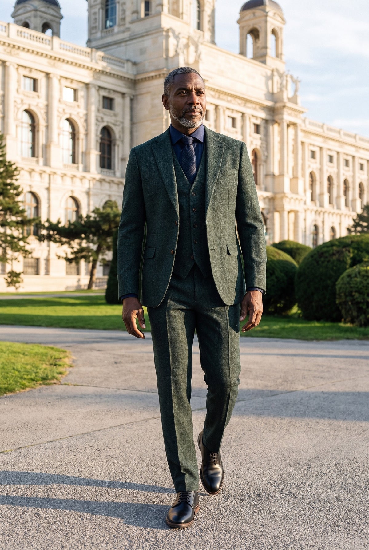 Look #957 styled with Thomas – Olivgrüner 3-teiliger Anzug aus Wollmischgewebe