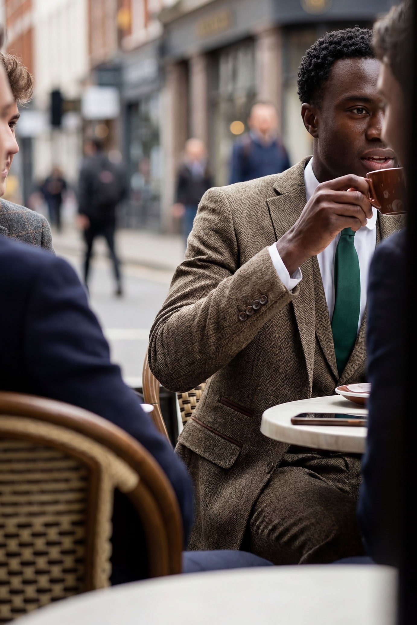 Eichenbrauner 3-teiliger Tweed-Anzug mit Fischgrätenmuster