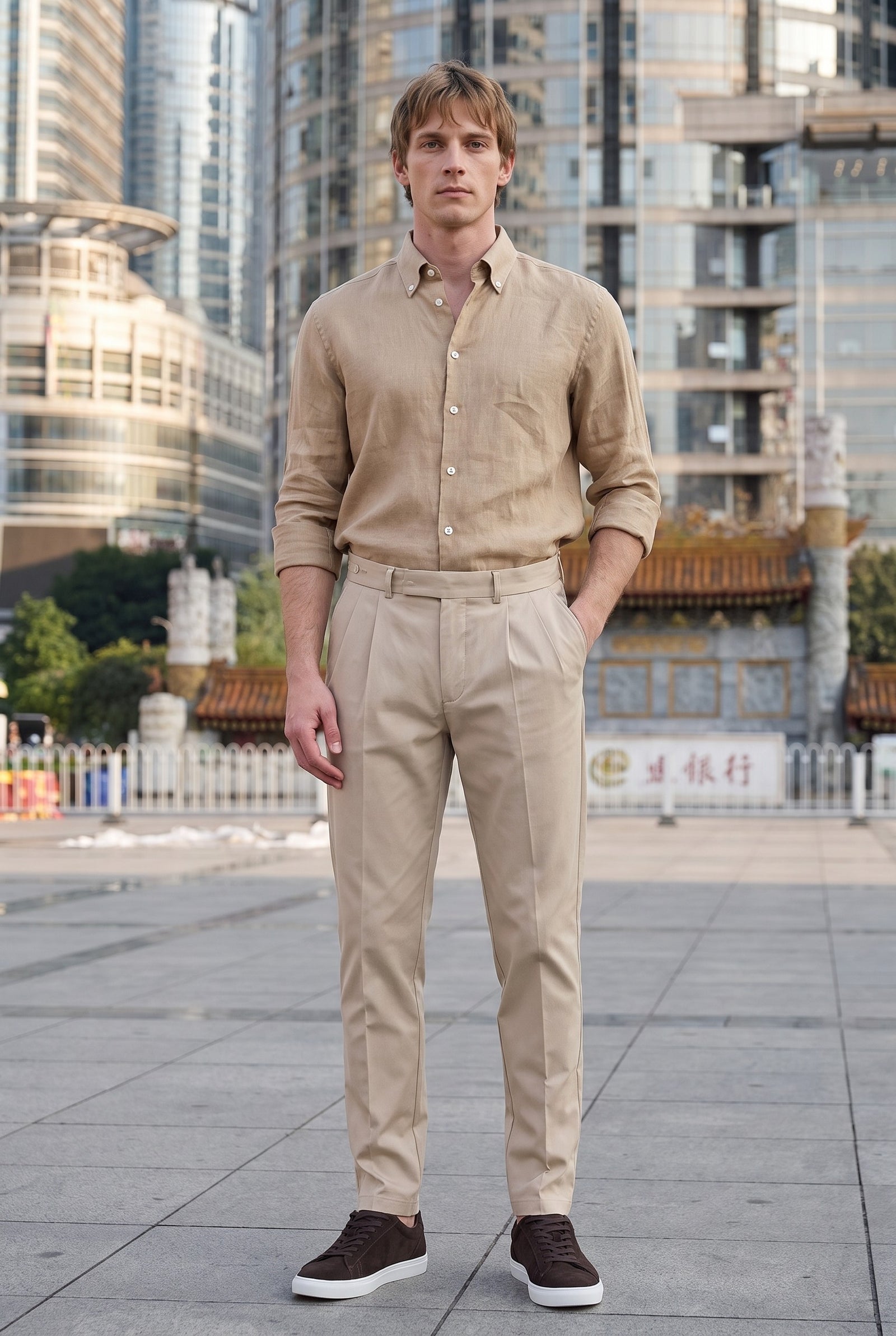 Look #1022 styled with Beige, plissierte, elegante Freizeithose für Herren, klassische Passform