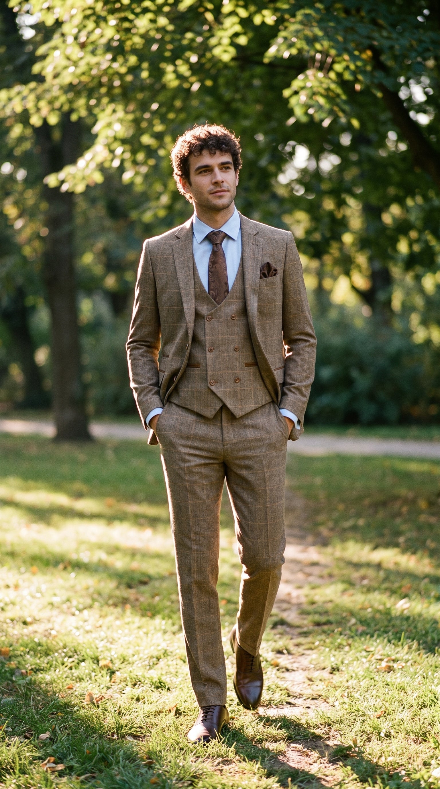 Look #343 styled with Herrenanzug, 3-teilig, Fischgrätenmuster, Tweed, hellbraun, kariert, maßgeschneiderte Passform, doppelt klassisch