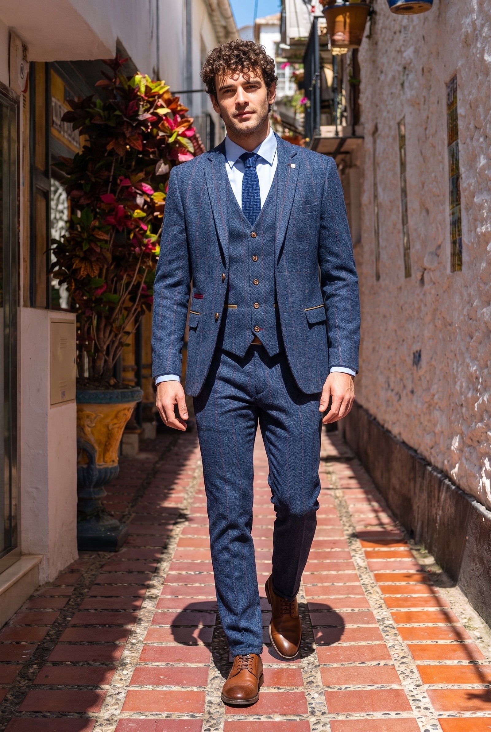 Look #986 styled with Scott Herrenanzug, dreiteilig, Tweed, kariert, blau