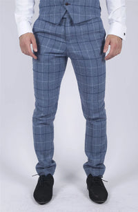 Mens Marc Darcy Light Blue Navy Check Trousers Smart Casual Tweed Slim Fit Clinton