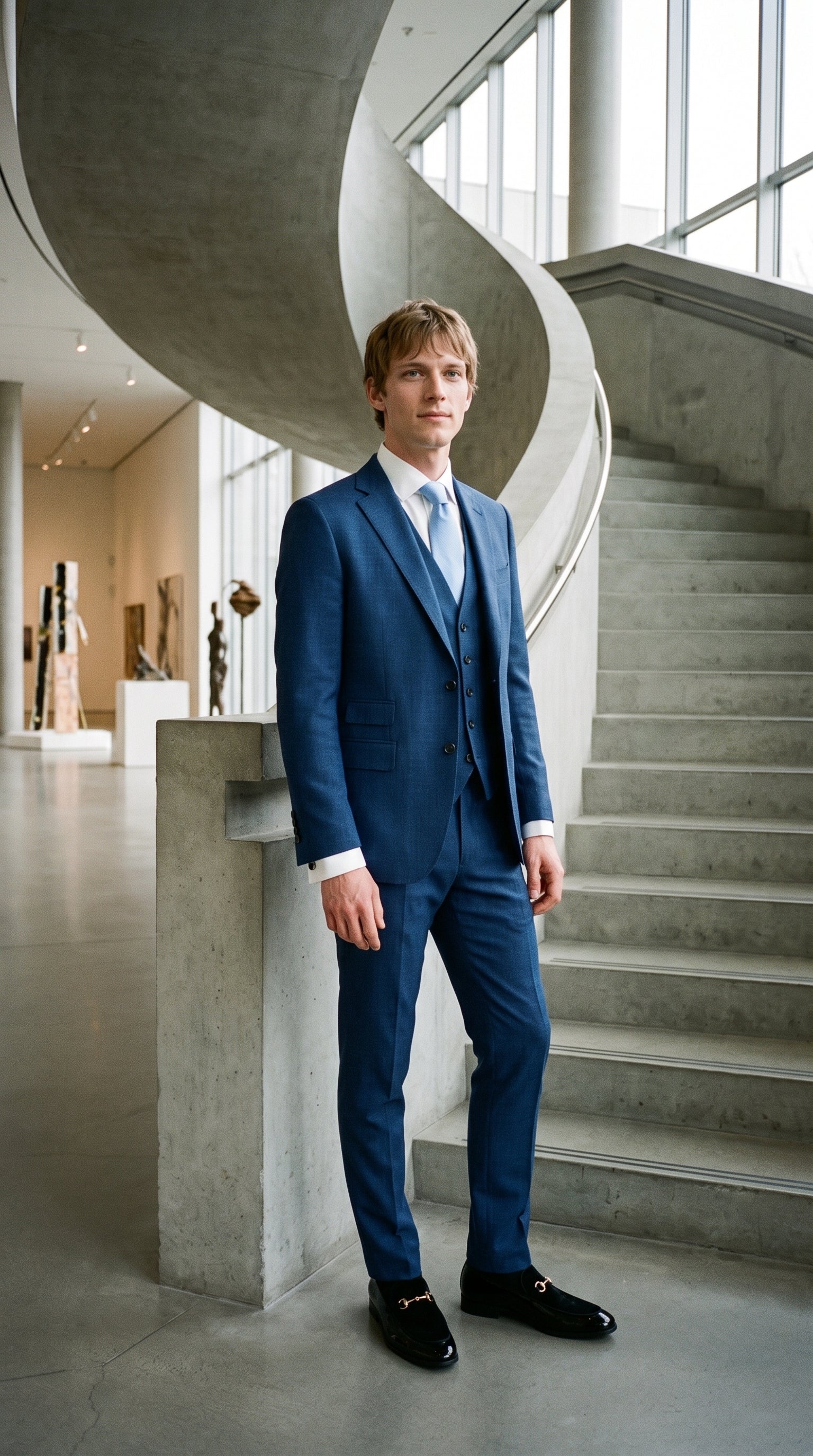 Look #842 styled with Blauer Sommer-Leinenanzug für Herren