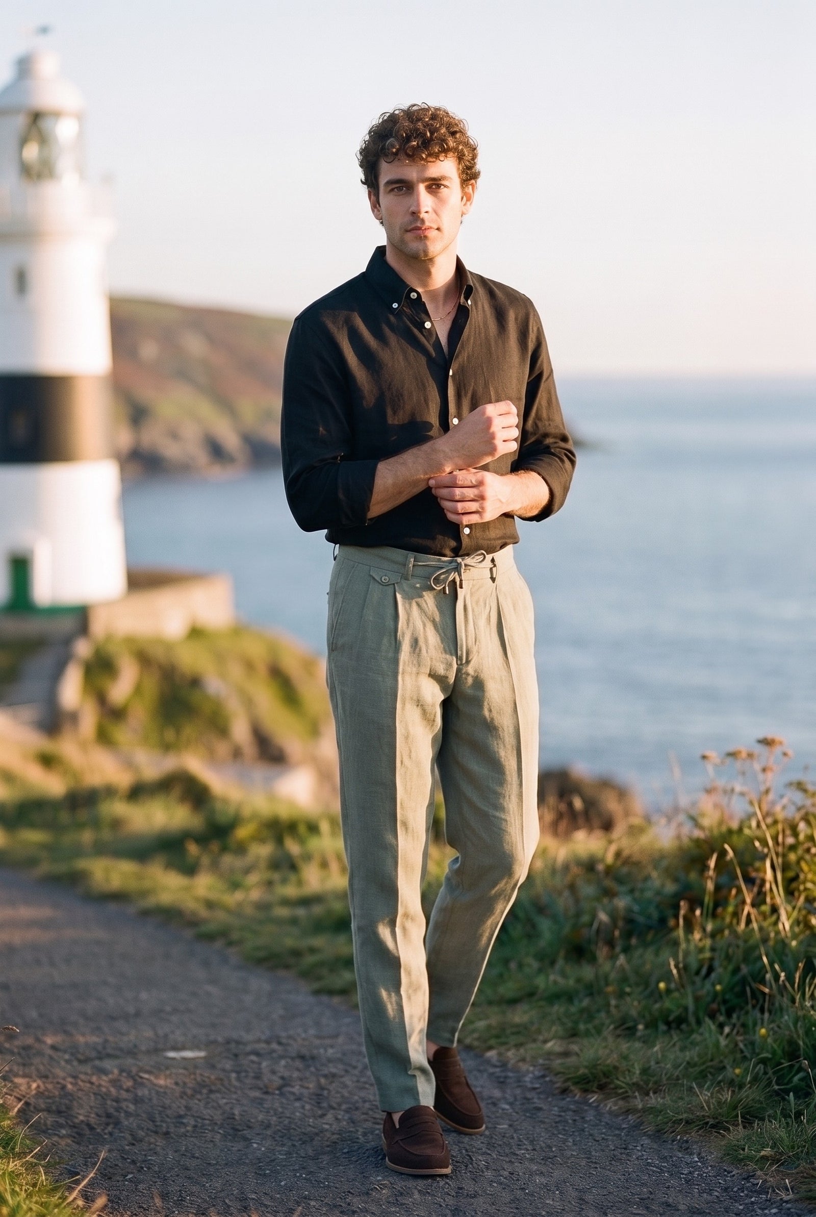 Look #869 styled with Herrenhose aus 100 % Leinen in Salbeigrün mit Bundfalten und Kordelzug, bequeme, gerade Passform
