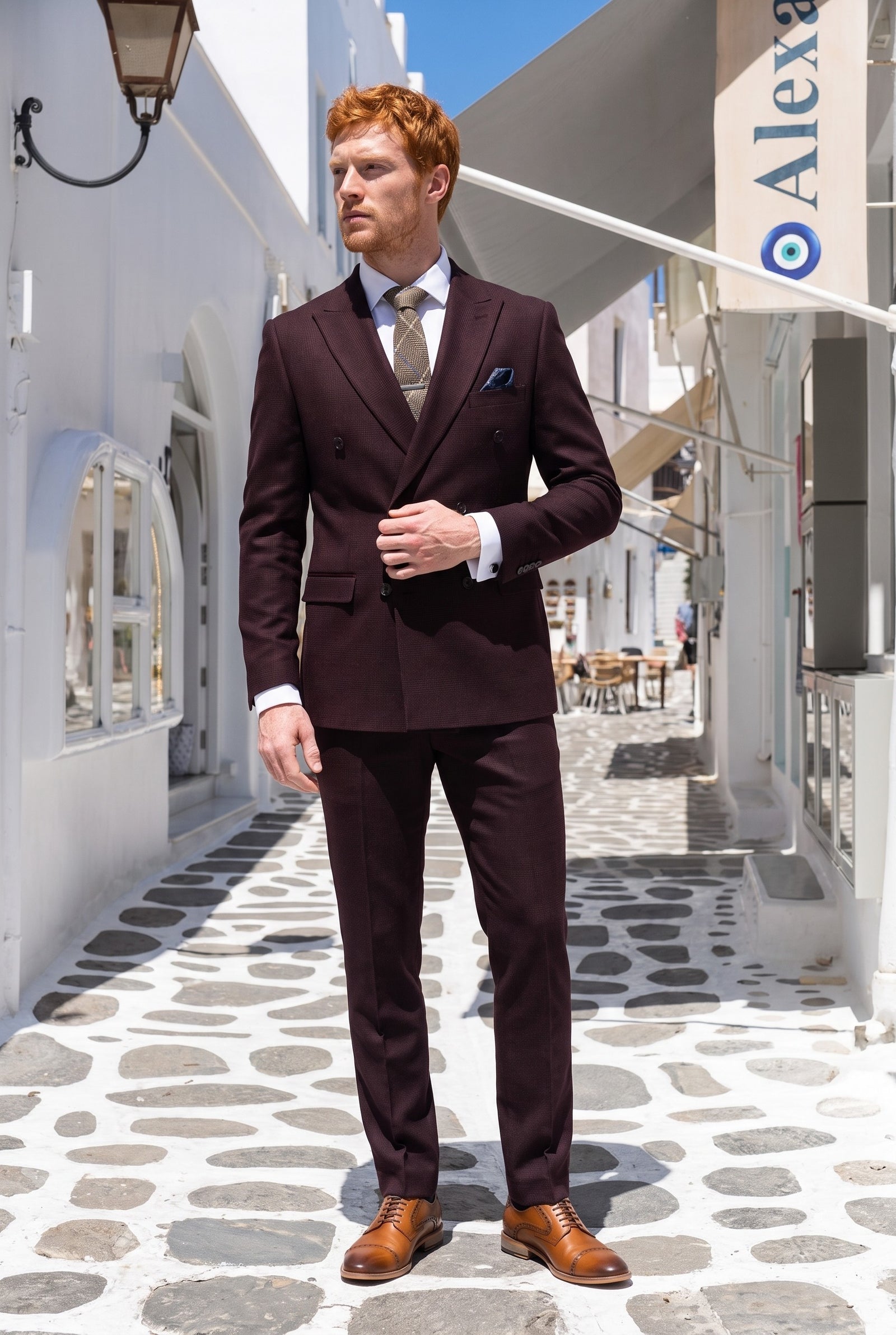Look #732 styled with Regent – Burgunderroter zweiteiliger zweireihiger Herrenanzug