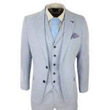 Mens 3 Piece Linen Suit Summer Breathable Wedding Cotton Baby Blue Light