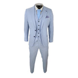 Mens 3 Piece Linen Suit Summer Breathable Wedding Cotton Baby Blue Light