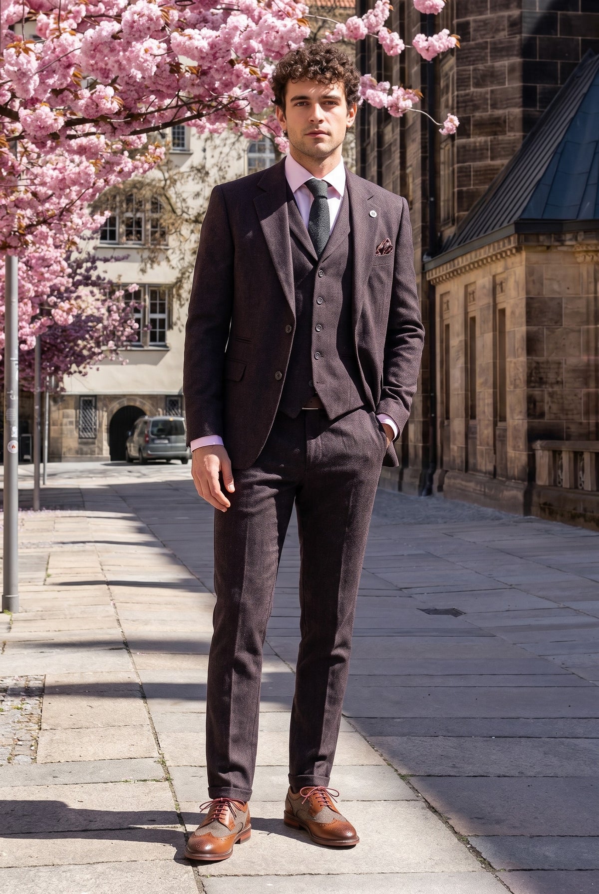 Look #992 styled with Pflaumenfarbener 3-teiliger Tweed-Anzug mit Fischgrätenmuster für Herren