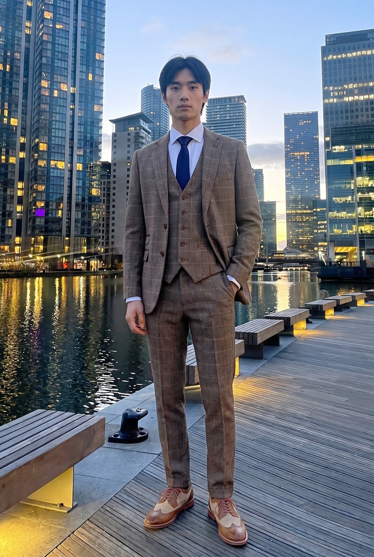 Look #536 styled with Harris - Brauner 3-teiliger Tweedanzug mit Fischgrätmuster für Herren