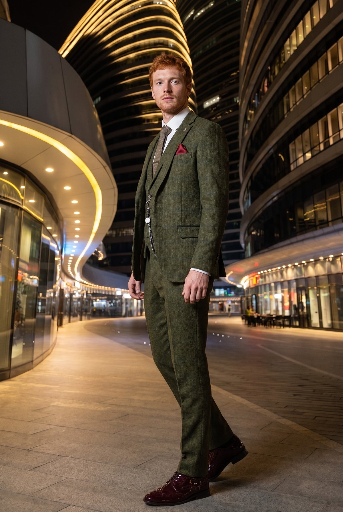 Look #708 styled with Herrenanzug 3-teilig Wolle Tweed Grün Blau Braun Kariert 1920er Jahre Gatsby