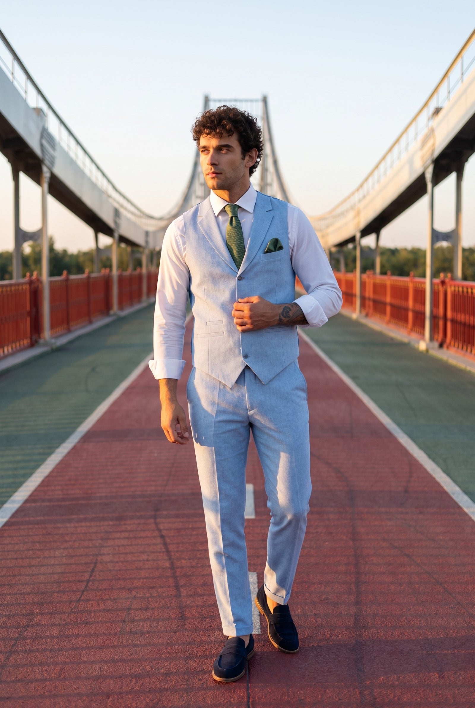 Look #886 styled with TP-13 - Herren Sommeranzug Weste Hose Leinen Formal Baby Blau Hochzeit