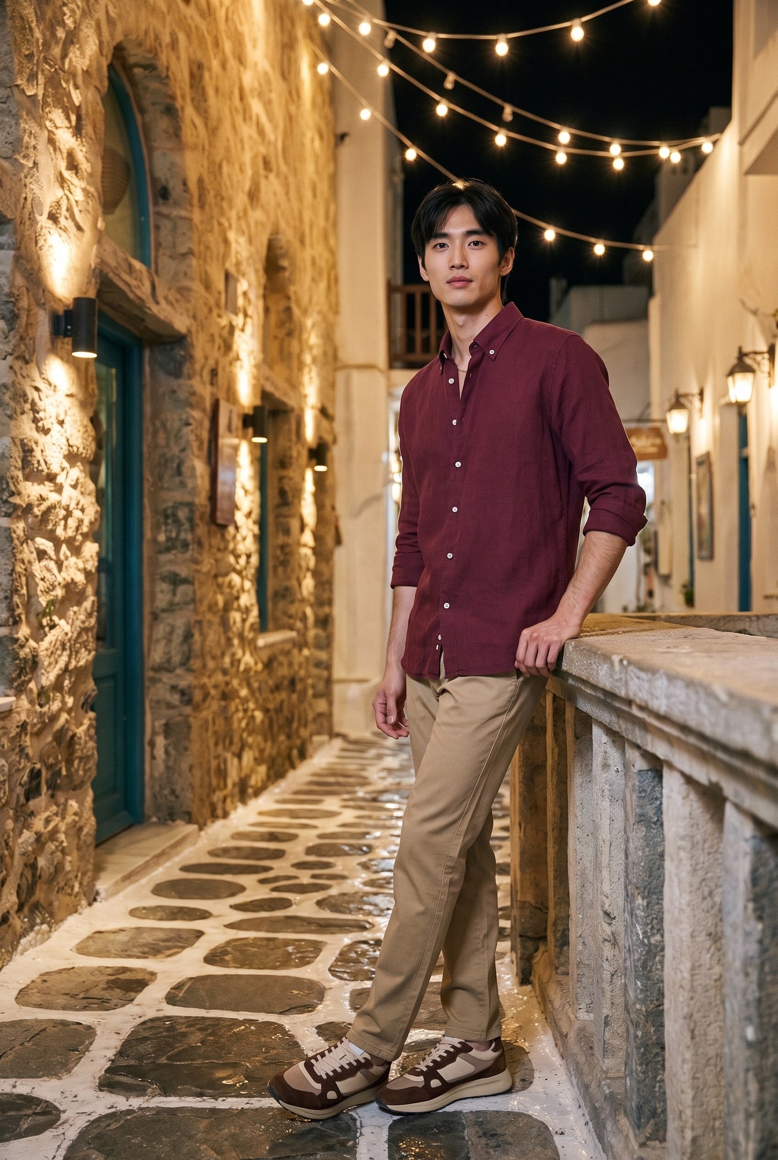 Look #1031 styled with Herren-Chinohose aus khakifarbenem Leinenmischgewebe, dünnem Tencel-Baumwoll-Sommermaterial