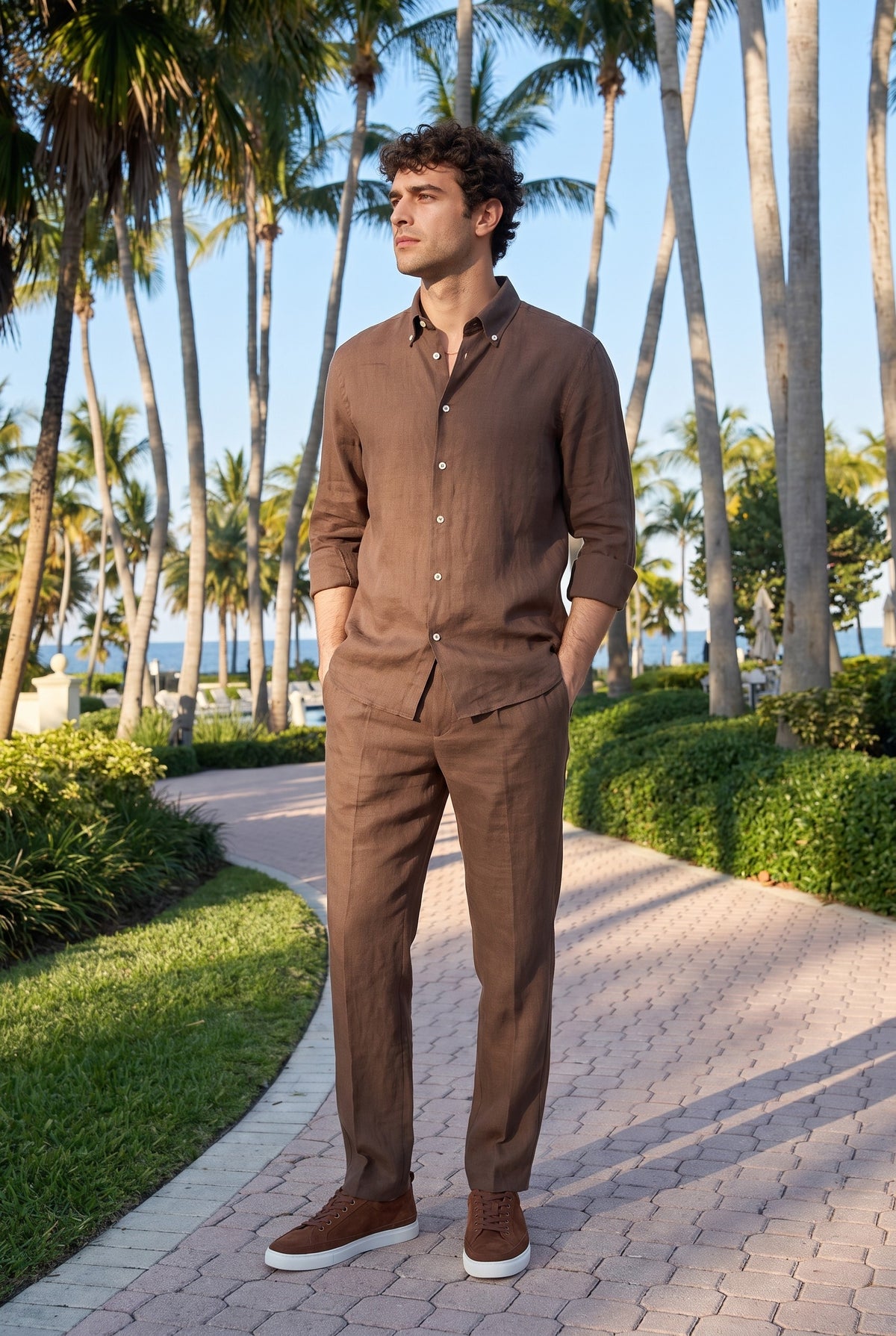 Look #872 styled with Herrenhemd aus dunkelbraunem Leinen, langärmelig, mit Knopfleiste, Sommerhemd