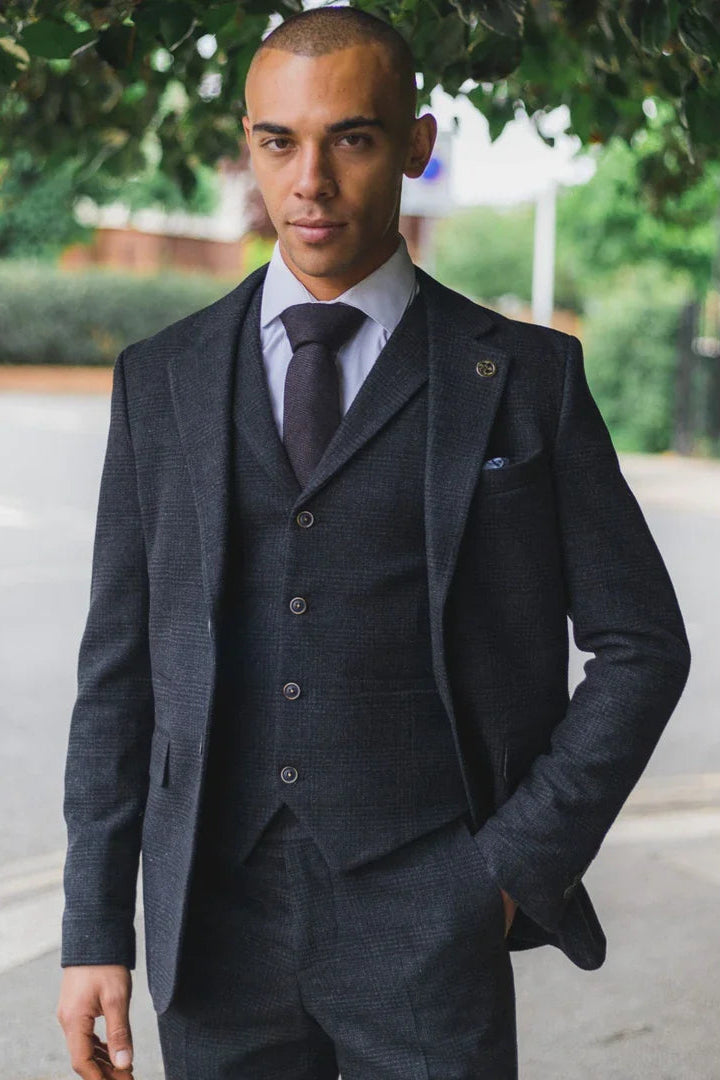 Schwarzer 3-teiliger Glencheck-Anzug für Herren