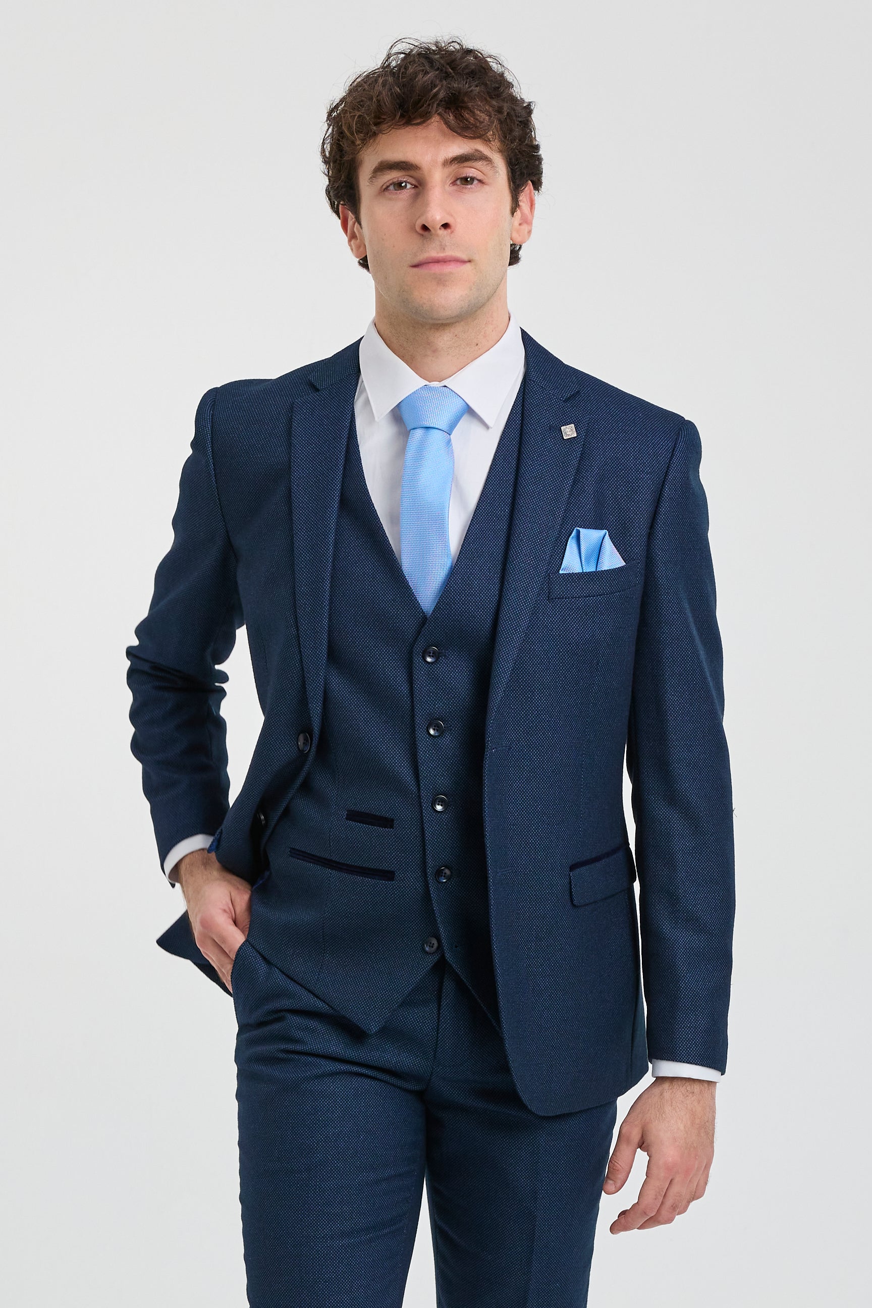 Herren Anzug Marineblau 3 Stück Birdseye Anzug Hochzeit Abschlussball Formal Smart Classic