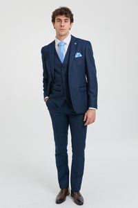 Herren Anzug Marineblau 3 Stück Birdseye Anzug Hochzeit Abschlussball Formal Smart Classic