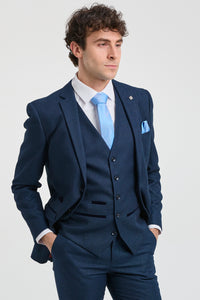 Herren Anzug Marineblau 3 Stück Birdseye Anzug Hochzeit Abschlussball Formal Smart Classic