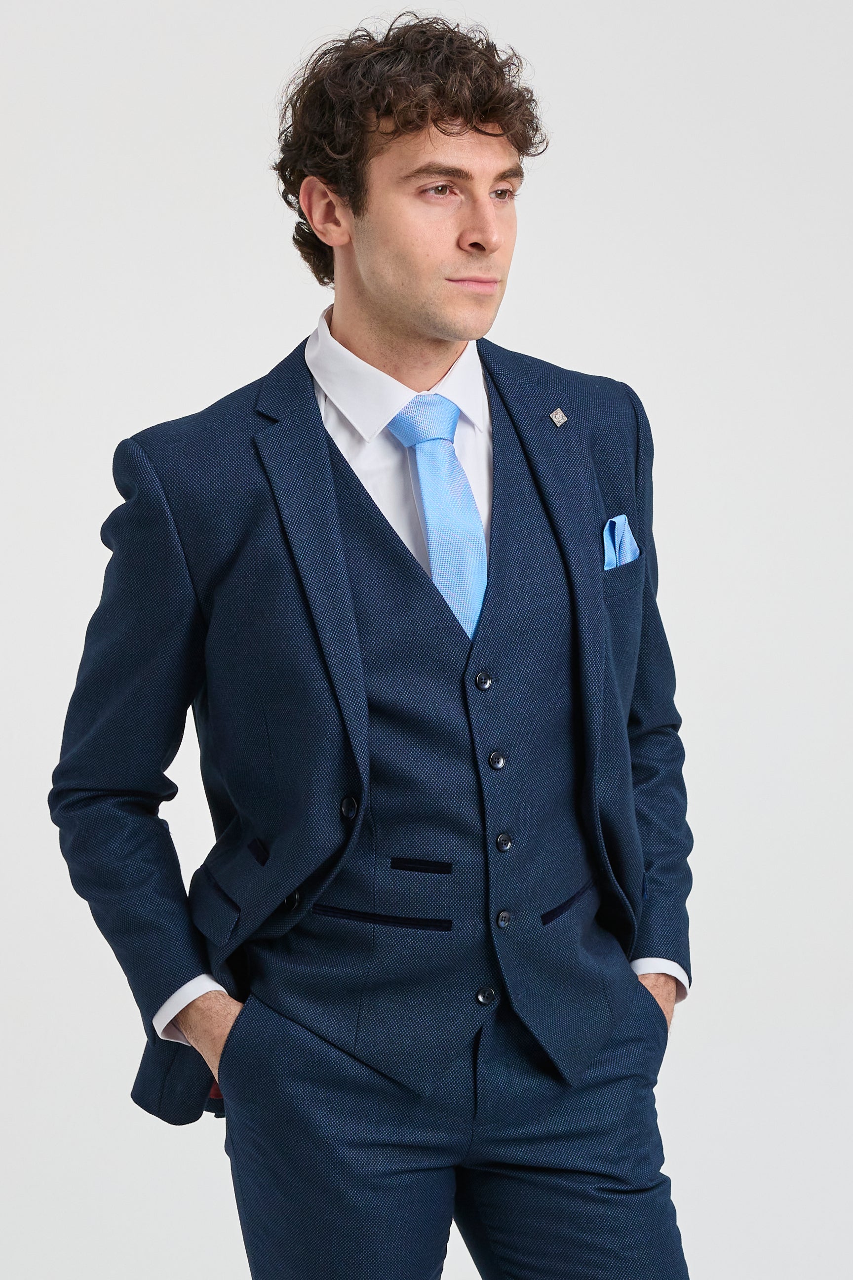 Herren Anzug Marineblau 3 Stück Birdseye Anzug Hochzeit Abschlussball Formal Smart Classic