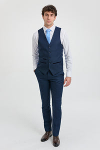Herren Anzug Marineblau 3 Stück Birdseye Anzug Hochzeit Abschlussball Formal Smart Classic
