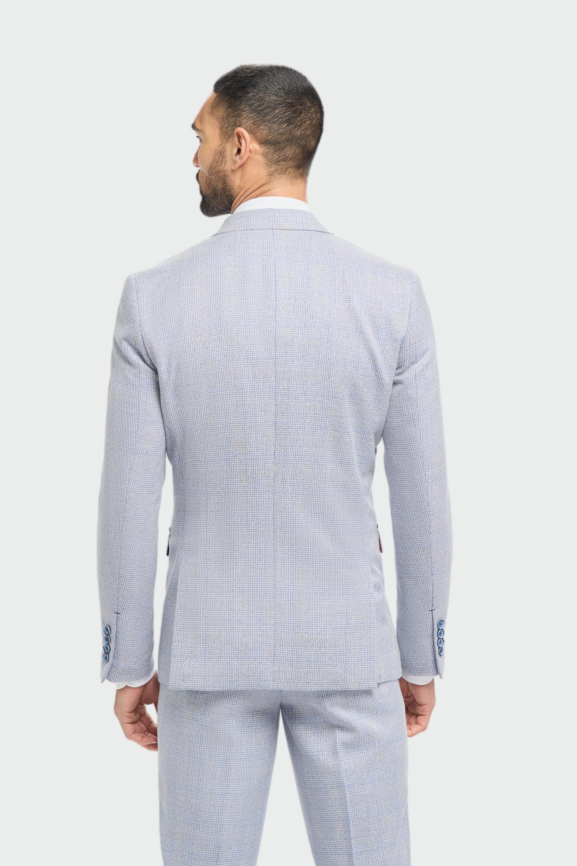 Hellblauer, karierter Prince-of-Wales-Dreiteiler für Herren mit marineblauer Weste