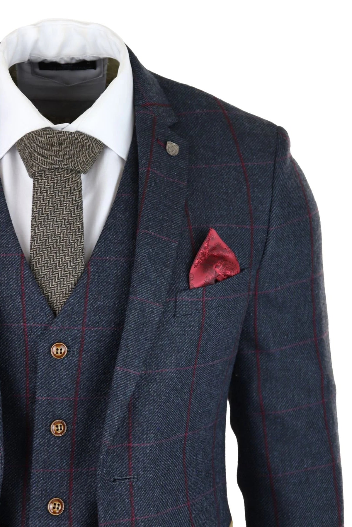 Mens Herringbone Tweed 3 Piece Navy Red Check Suit Vintage 1920s Tailored Fit