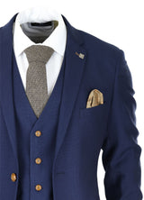 Mens Navy 3 piece Suit Brown Trim Classic Birdseye Vintage Wedding Grooms