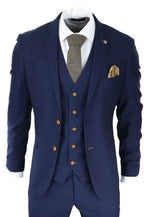 Mens Navy 3 piece Suit Brown Trim Classic Birdseye Vintage Wedding Grooms