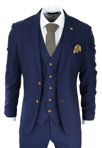 Mens Navy 3 piece Suit Brown Trim Classic Birdseye Vintage Wedding Grooms