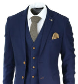 Mens Navy 3 piece Suit Brown Trim Classic Birdseye Vintage Wedding Grooms