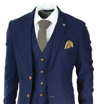 Mens Navy 3 piece Suit Brown Trim Classic Birdseye Vintage Wedding Grooms