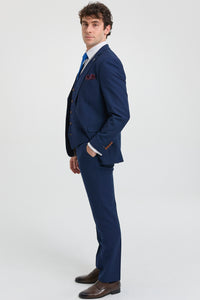 Herren Marineblau 3-teiliger Anzug mit braunem Besatz, klassischer Vogelaugen-Vintage-Anzug für Hochzeiten und Bräutigame