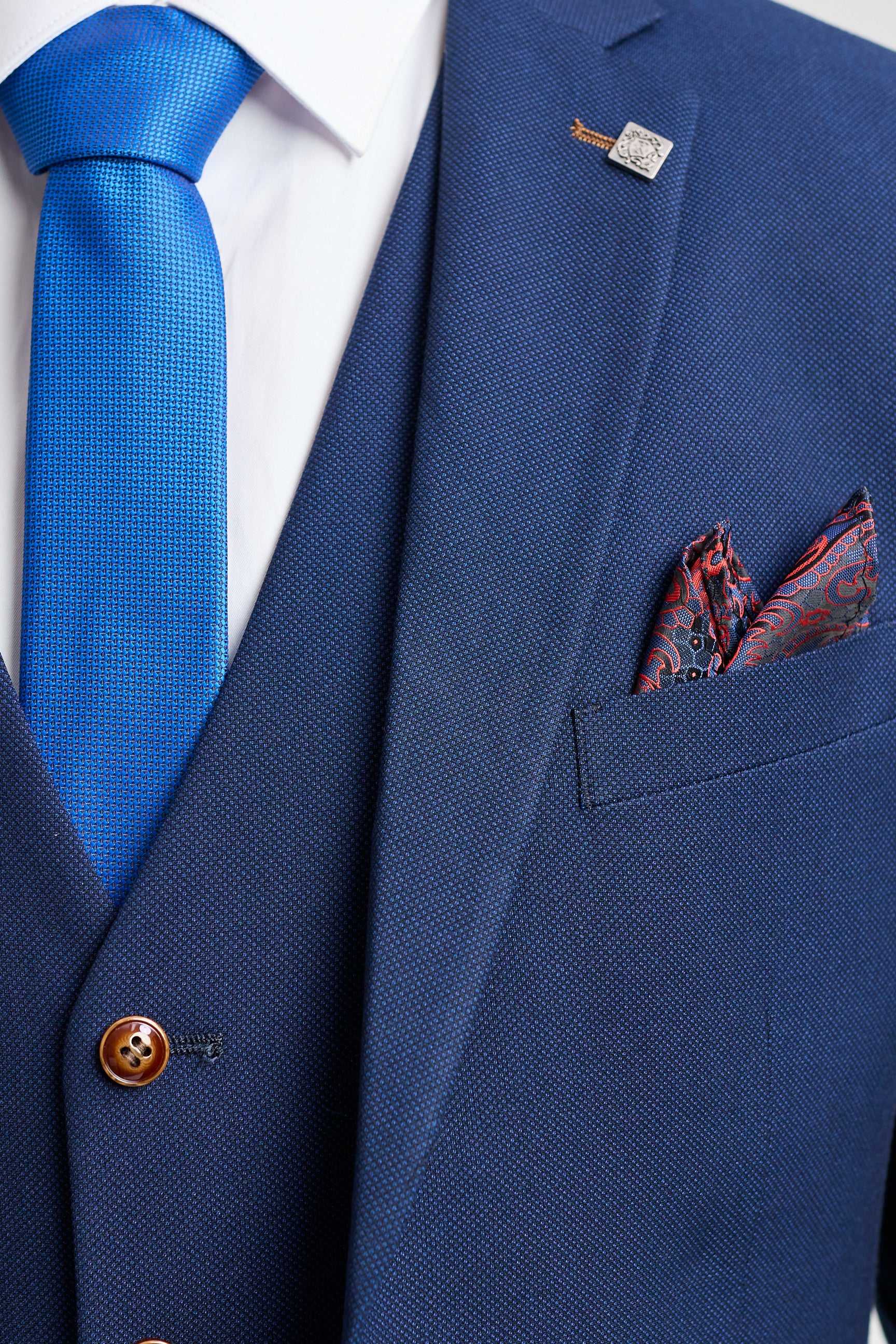 Herren Marineblau 3-teiliger Anzug mit braunem Besatz, klassischer Vogelaugen-Vintage-Anzug für Hochzeiten und Bräutigame