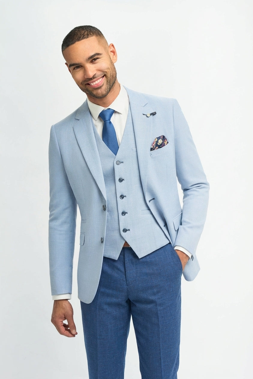 Herren-Sommerhochzeitsanzug aus Leinen in Himmelblau mit marineblauer Hose