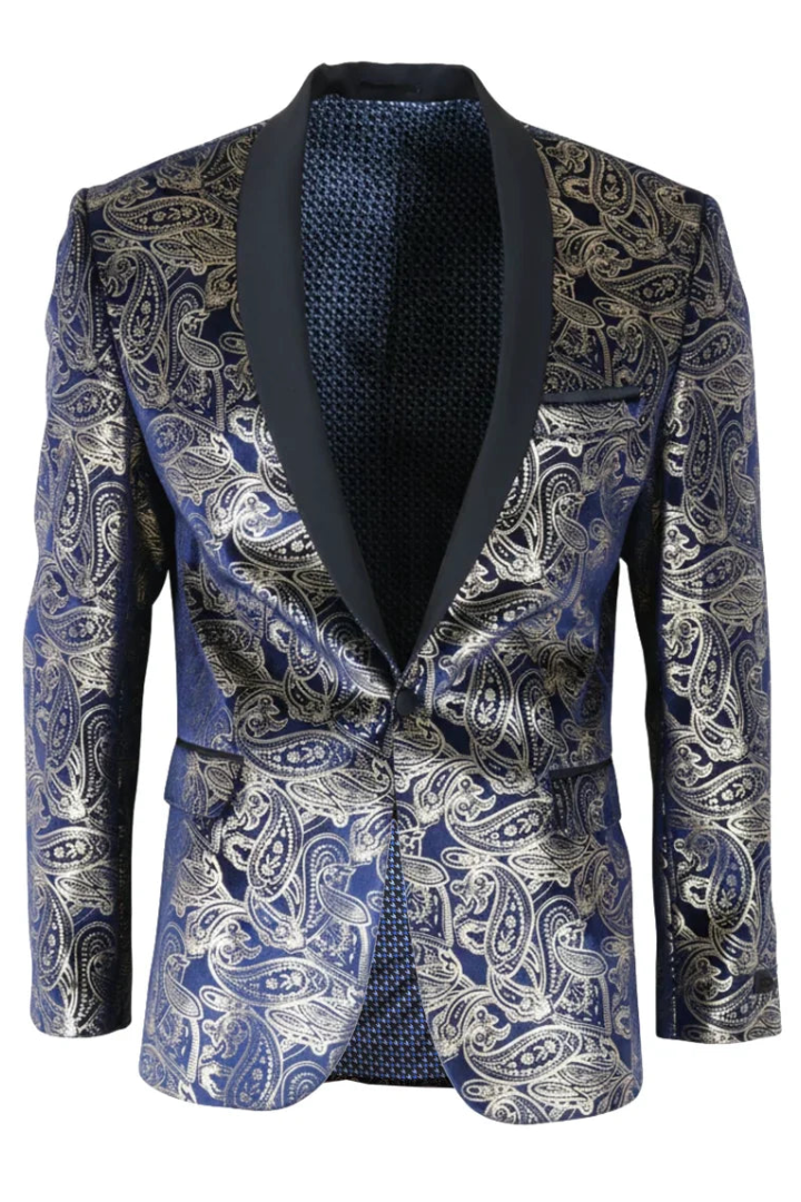 STZ63 - Herren-Smokingblazer aus Samt mit Paisley-Blumenmuster in Blau und Gold