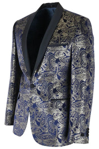 STZ63 - Herren-Smokingblazer aus Samt mit Paisley-Blumenmuster in Blau und Gold