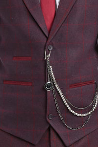 3-teiliger Herrenanzug aus Wolle und Tweed, Pflaume, Weinrot, Karomuster, 1920er Jahre Gatsby