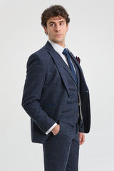 Herrenanzug 3-teilig Wolle Tweed Marineblau Braun Kariert 1920er Gatsby