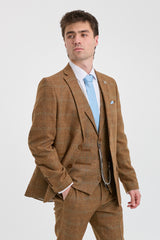 Herrenanzug, 3-teilig, Wolle, Tweed, Fischgrätmuster, Hellbraun, Braun, Blau, Kariert, 1920er Jahre, Gatsby